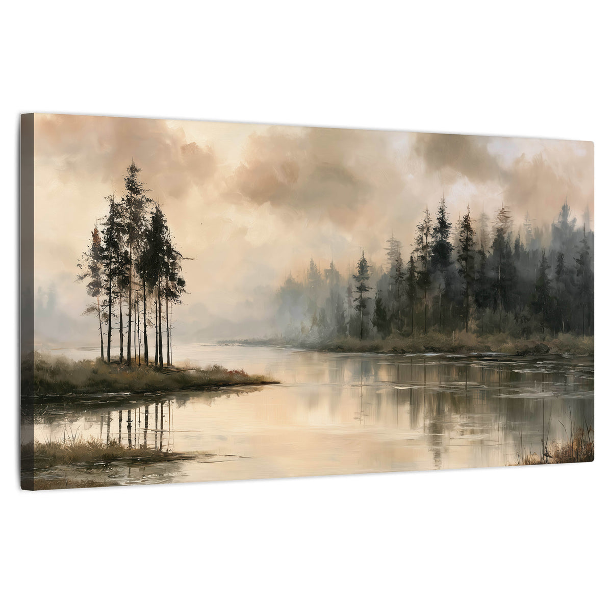 Misty lake pines painting stretched canvas wall art on a white background