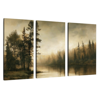 Sepia river forest painting 3 piece canvas wall art set on a white background