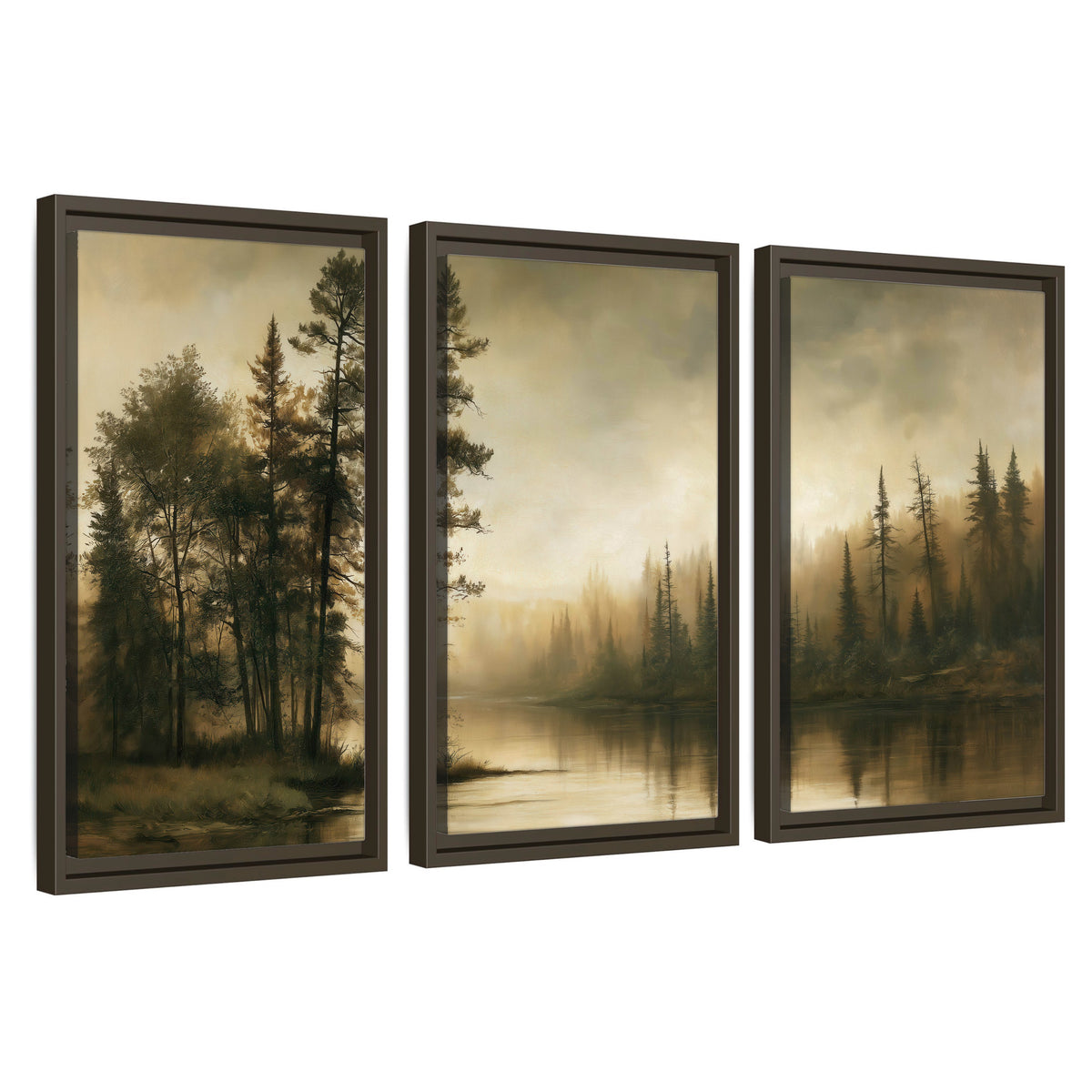 Sepia river forest painting 3 piece framed canvas wall art set on a white background
