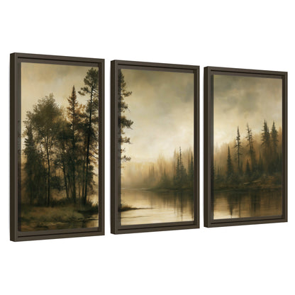 Sepia river forest painting 3 piece framed canvas wall art set on a white background