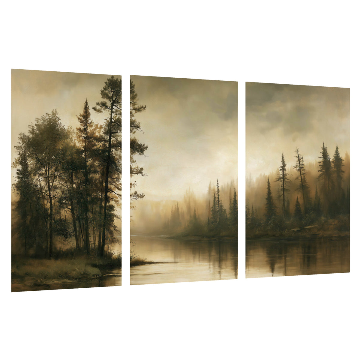 Sepia river forest painting set of 3 poster prints on a white background