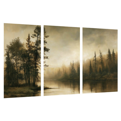 Sepia river forest painting set of 3 poster prints on a white background