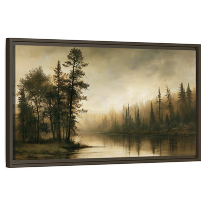 Sepia river forest painting framed canvas wall art on a white background