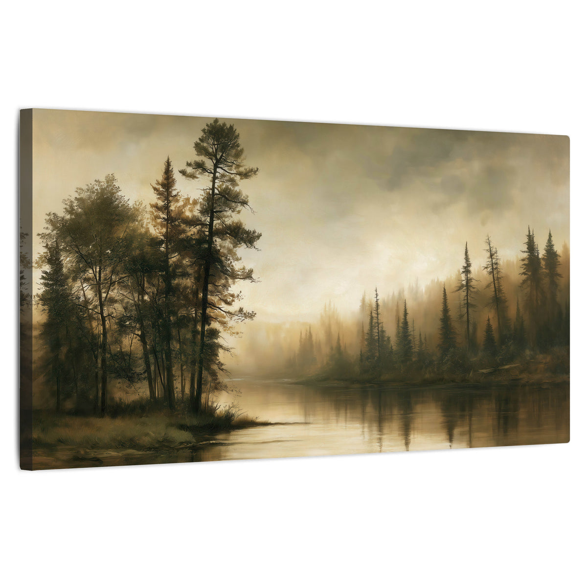 Sepia river forest painting stretched canvas wall art on a white background