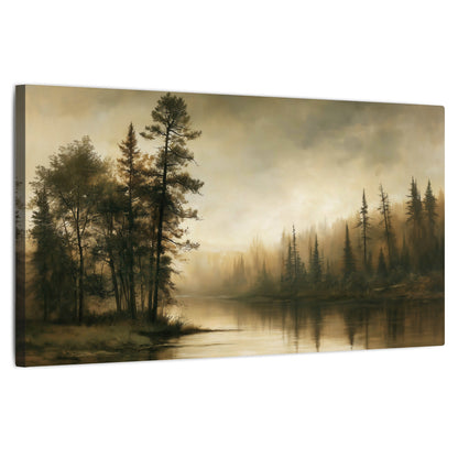Sepia river forest painting stretched canvas wall art on a white background