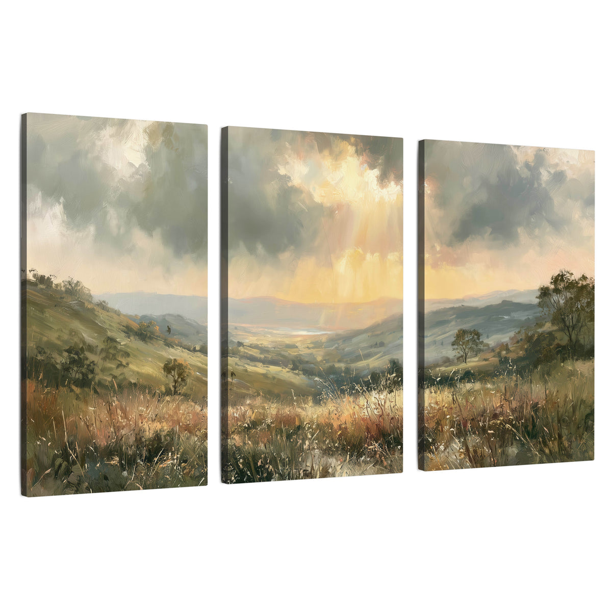 Golden sun rays valley painting 3 piece canvas wall art set on a white background