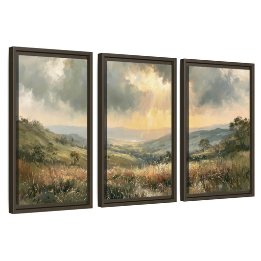 Golden sun rays valley painting 3 piece framed canvas wall art set on a white background
