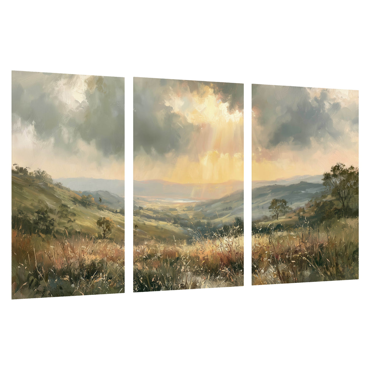 Golden sun rays valley painting set of 3 poster prints on a white background