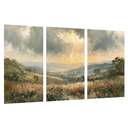 Golden sun rays valley painting set of 3 poster prints on a white background