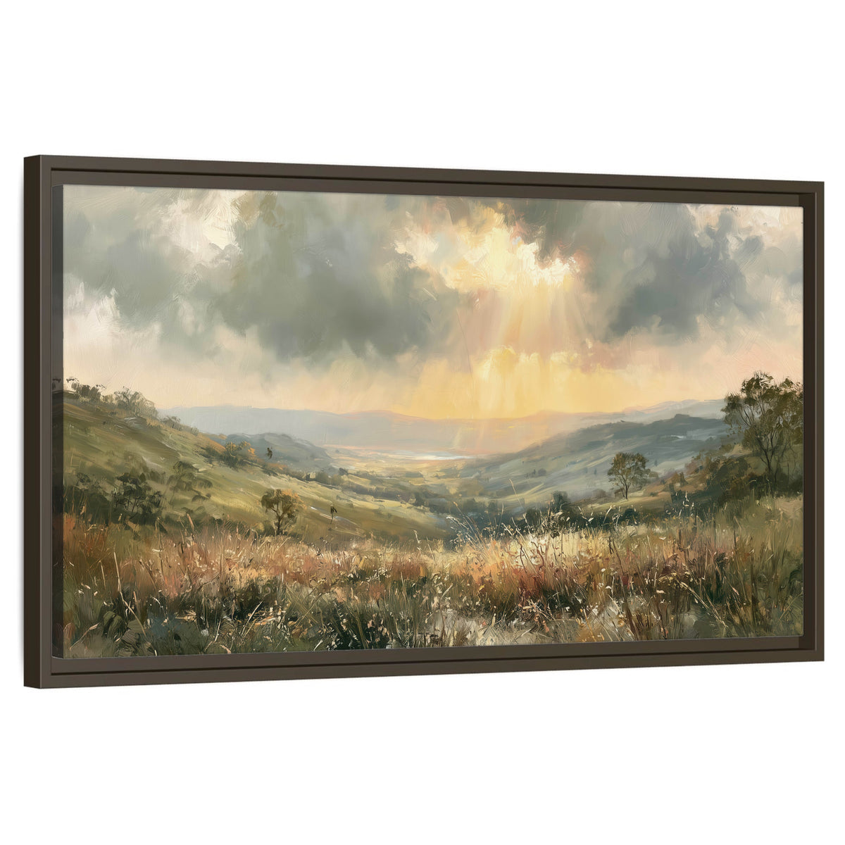 Golden sun rays valley painting framed canvas wall art on a white background