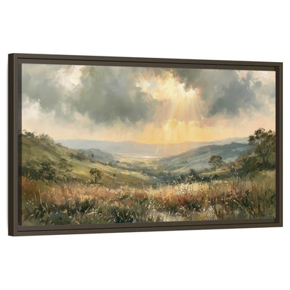 Golden sun rays valley painting framed canvas wall art on a white background