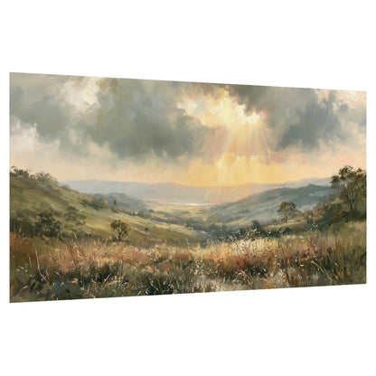 Golden sun rays valley painting poster print on a white background