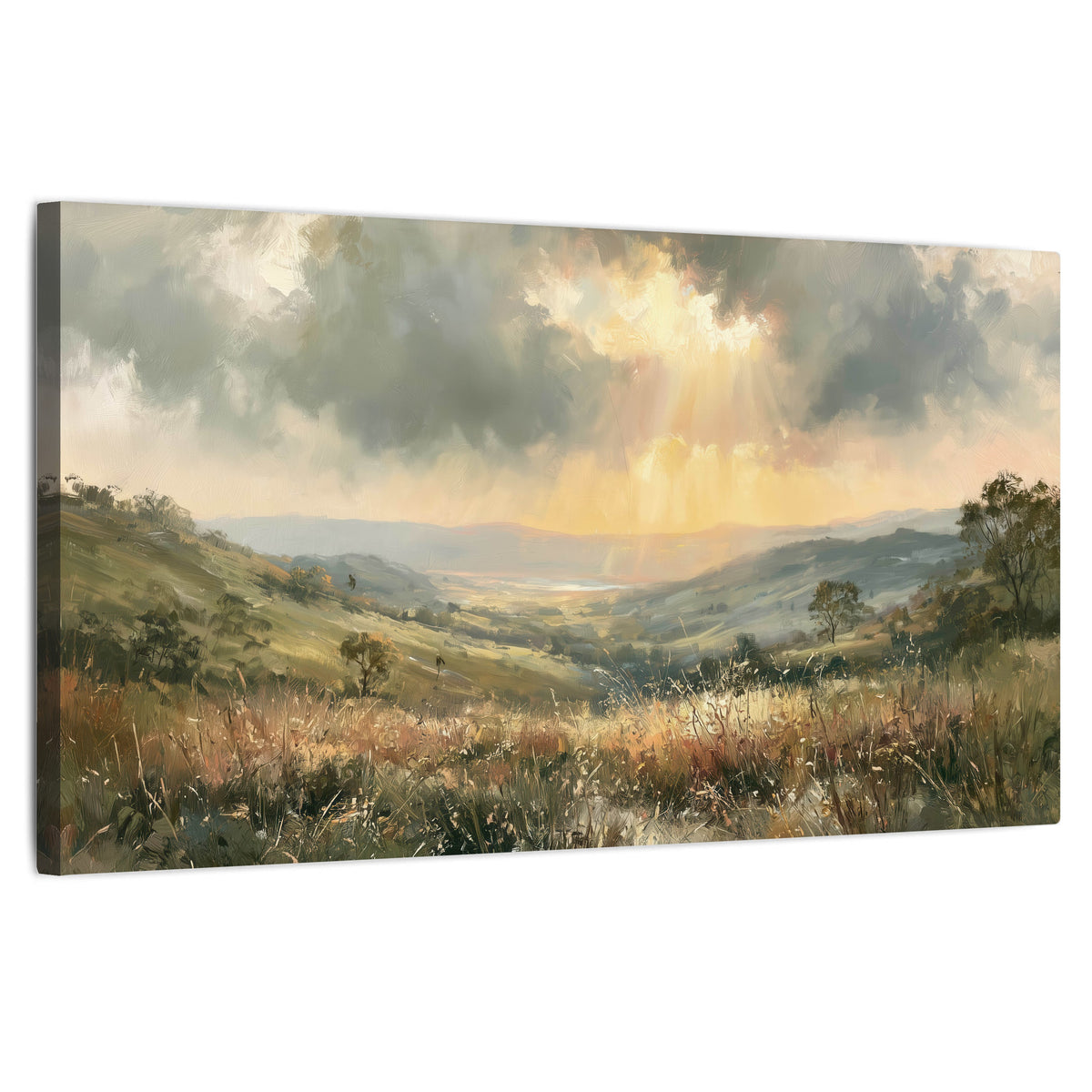 Golden sun rays valley painting stretched canvas wall art on a white background