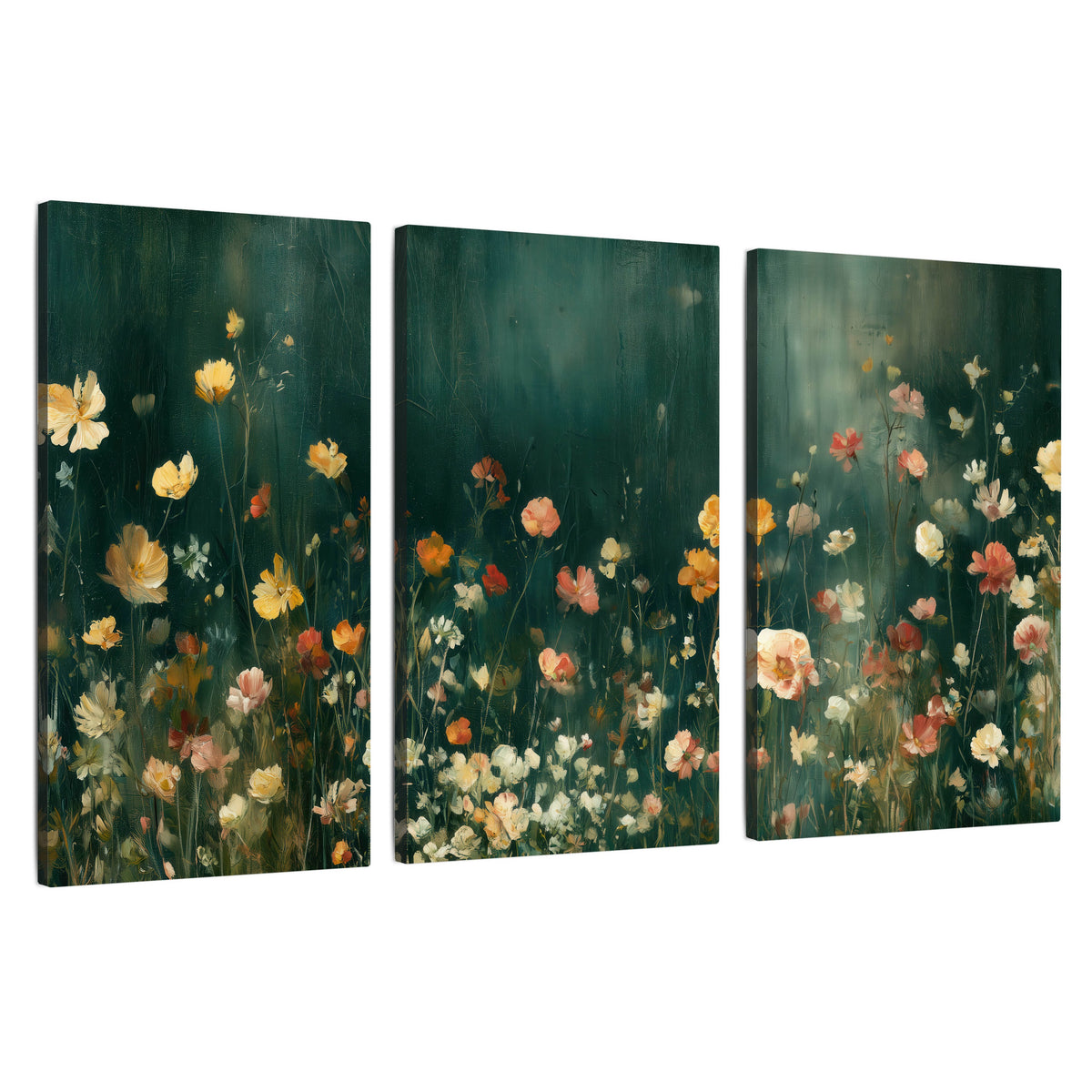Moody wildflower garden painting 3 piece canvas wall art set on a white background