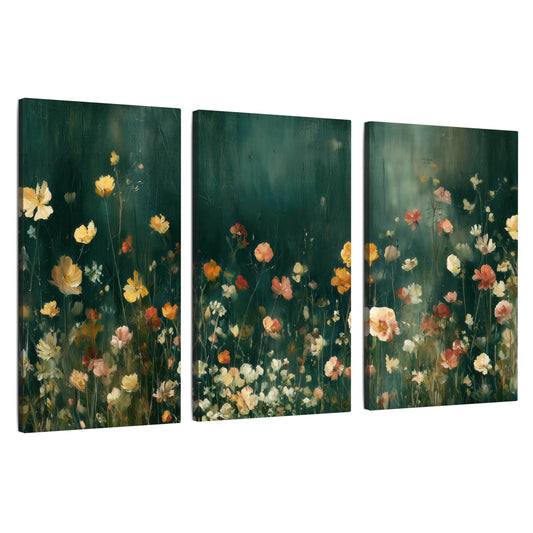 Moody wildflower garden painting 3 piece canvas wall art set on a white background