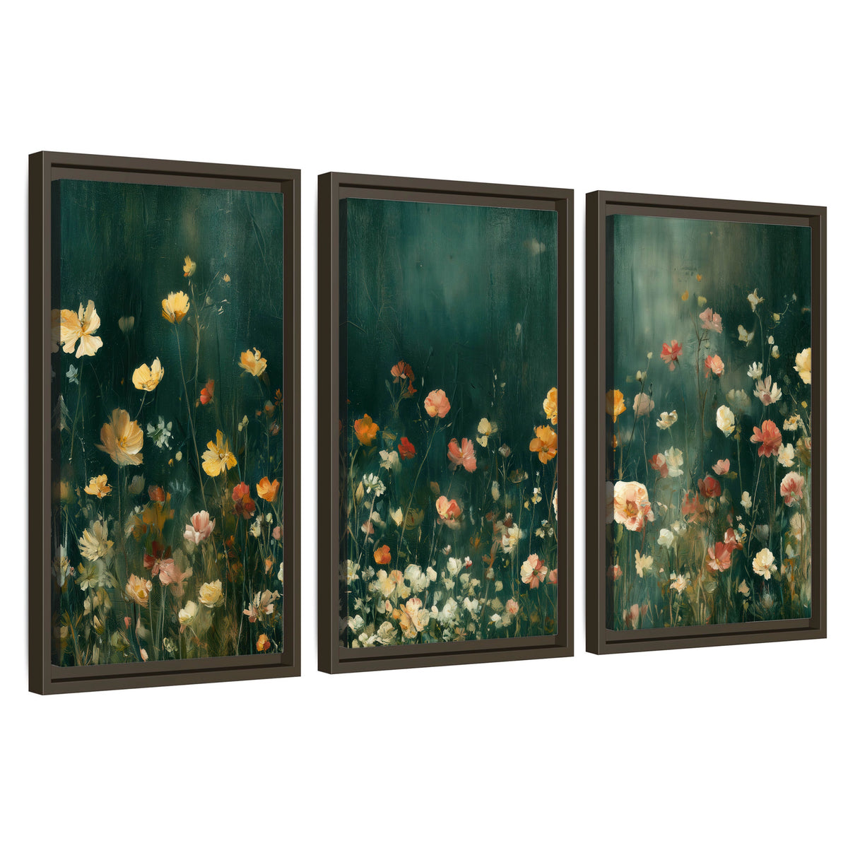 Moody wildflower garden painting 3 piece framed canvas wall art set on a white background