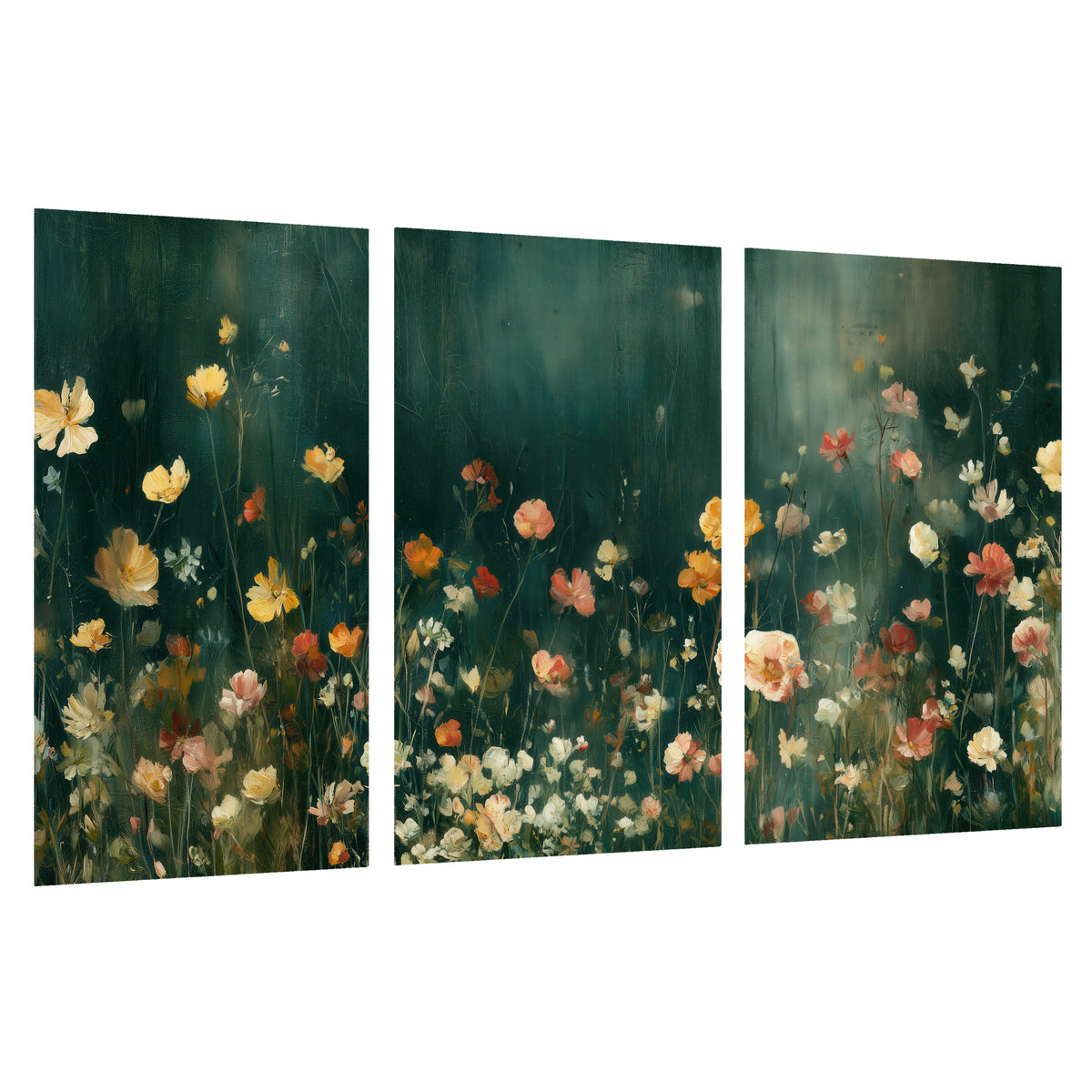 Moody wildflower garden painting set of 3 poster prints on a white background
