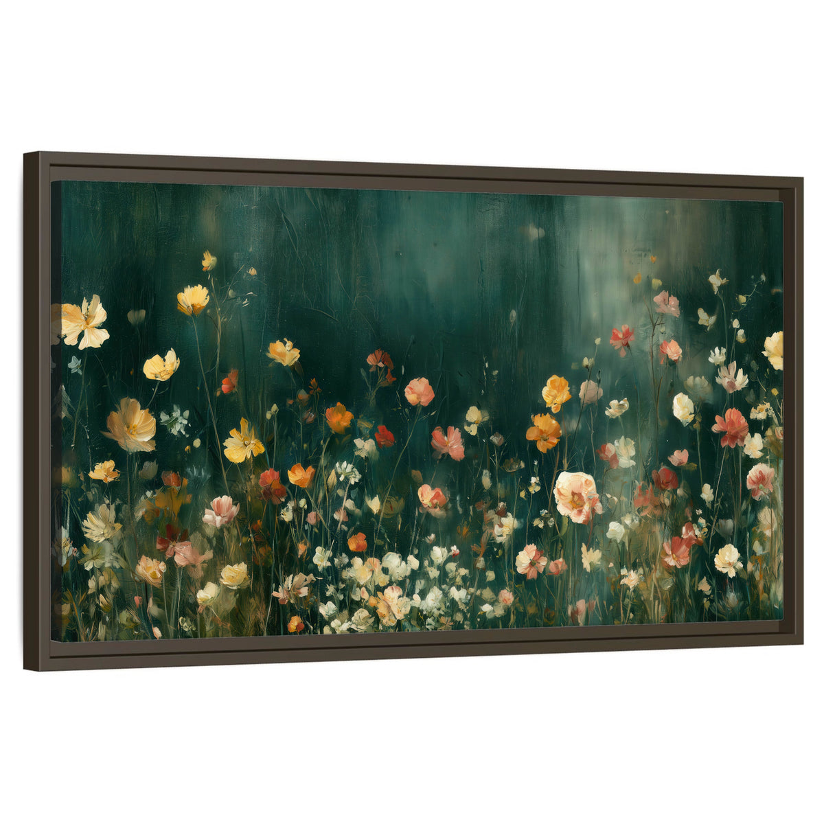 Moody wildflower garden painting framed canvas wall art on a white background
