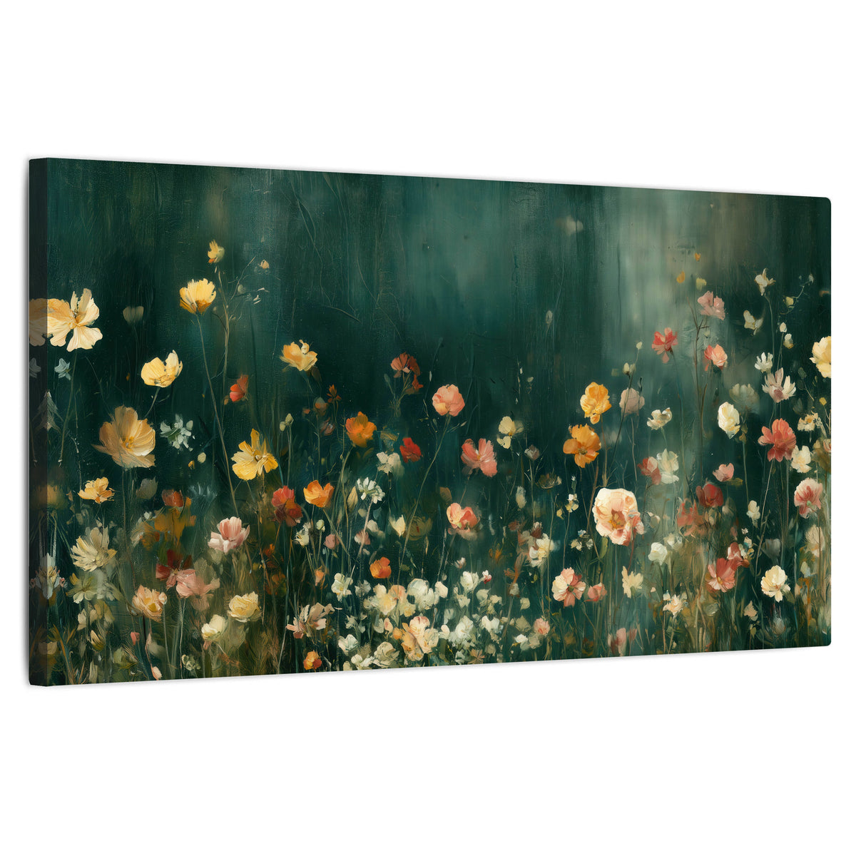 Moody wildflower garden painting stretched canvas wall art on a white background
