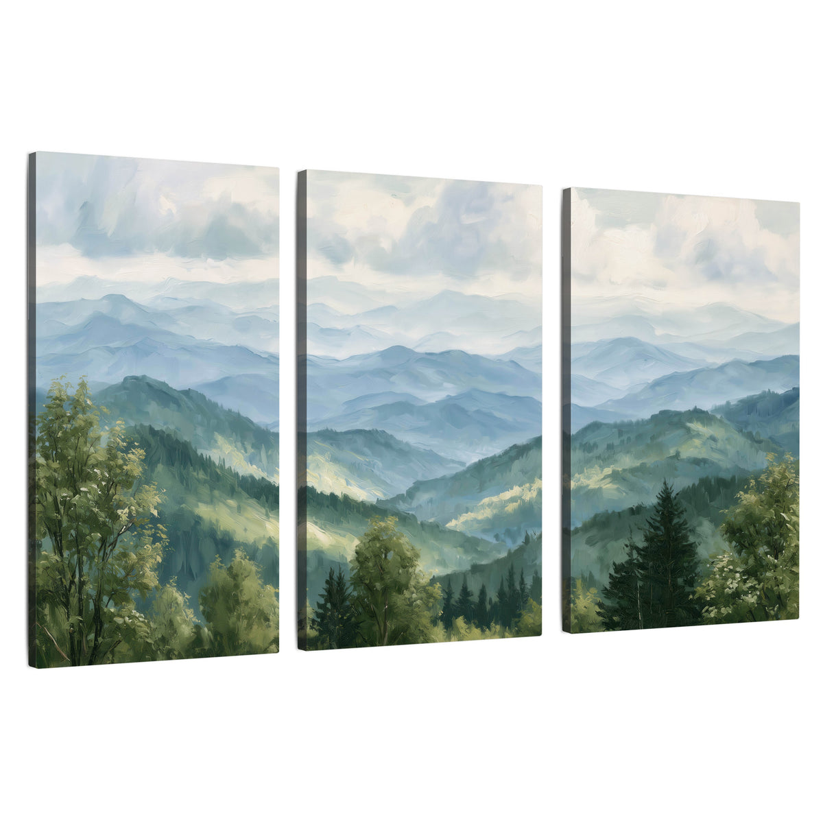 Smoky mountain vista painting 3 piece canvas wall art set on a white background