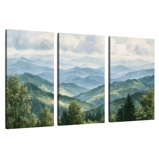 Smoky mountain vista painting 3 piece canvas wall art set on a white background
