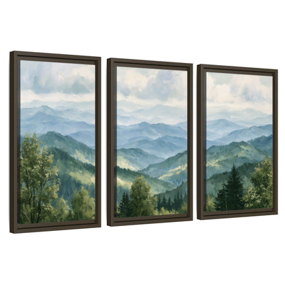 Smoky mountain vista painting 3 piece framed canvas wall art set on a white background