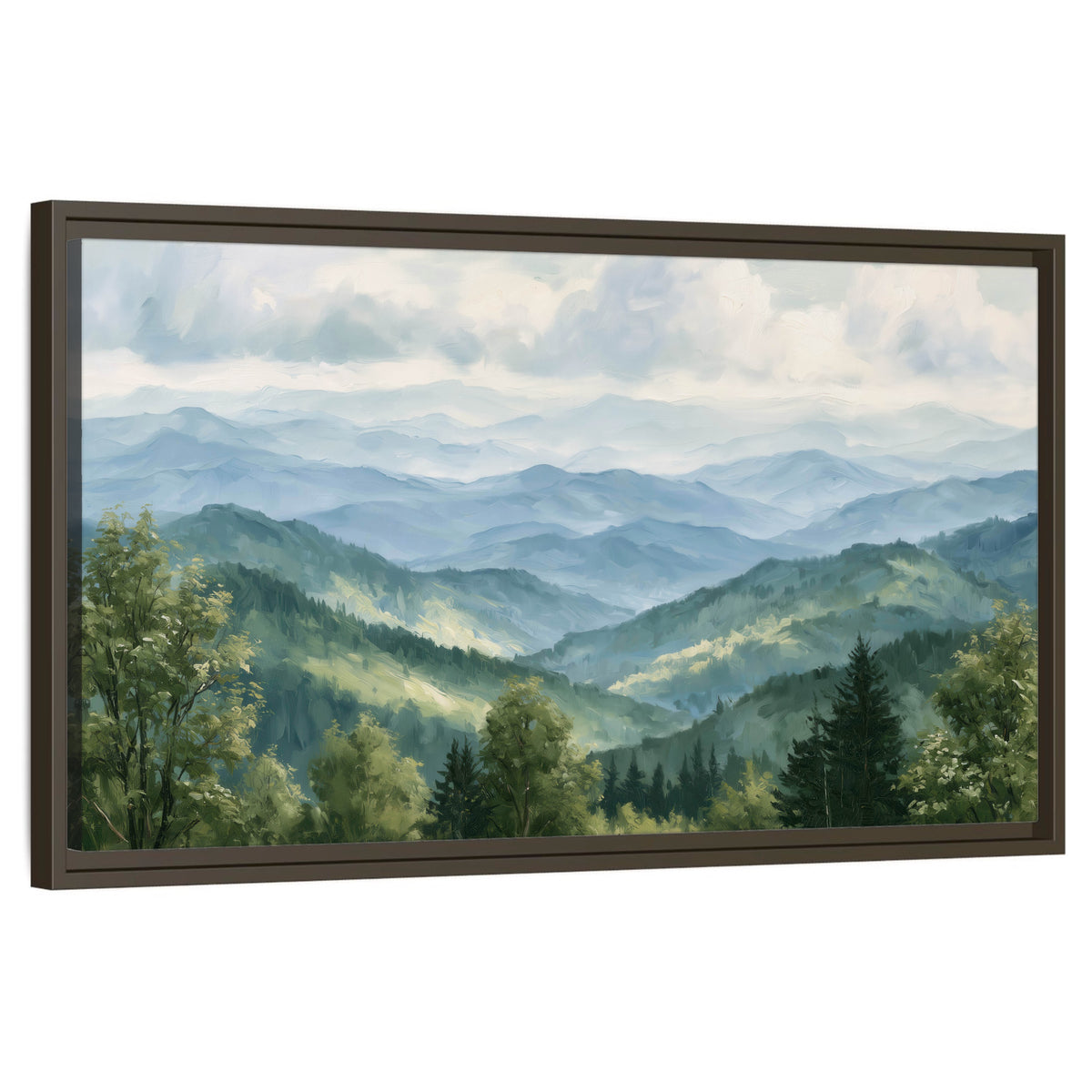 Smoky mountain vista painting framed canvas wall art on a white background