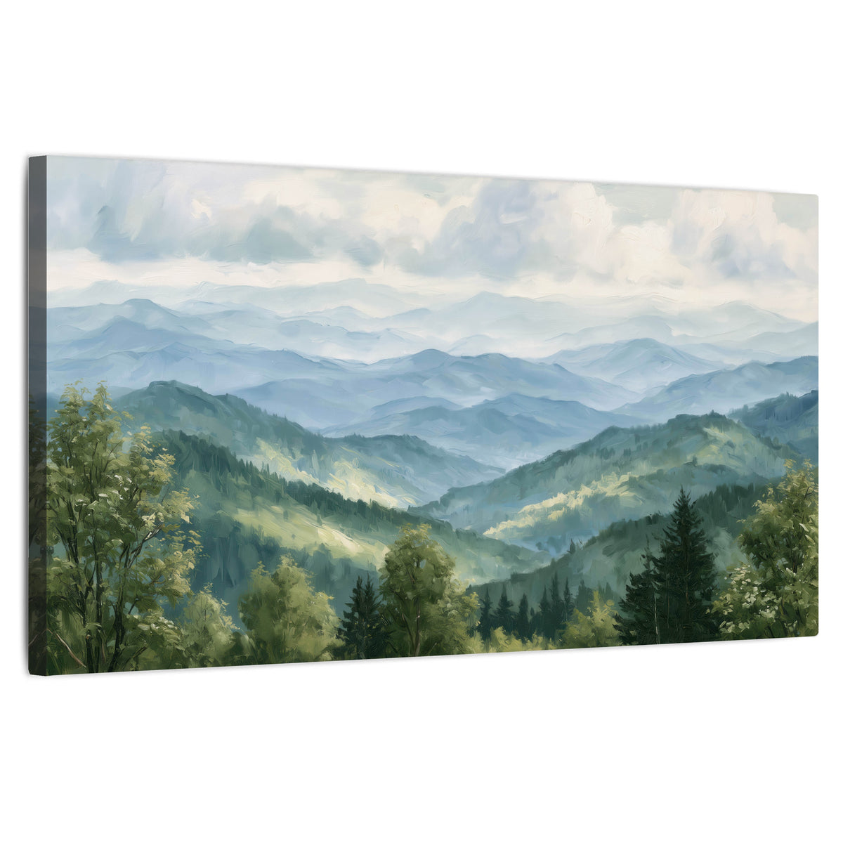 Smoky mountain vista painting stretched canvas wall art on a white background