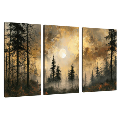 Moonlit pine forest painting 3 piece canvas wall art set on a white background