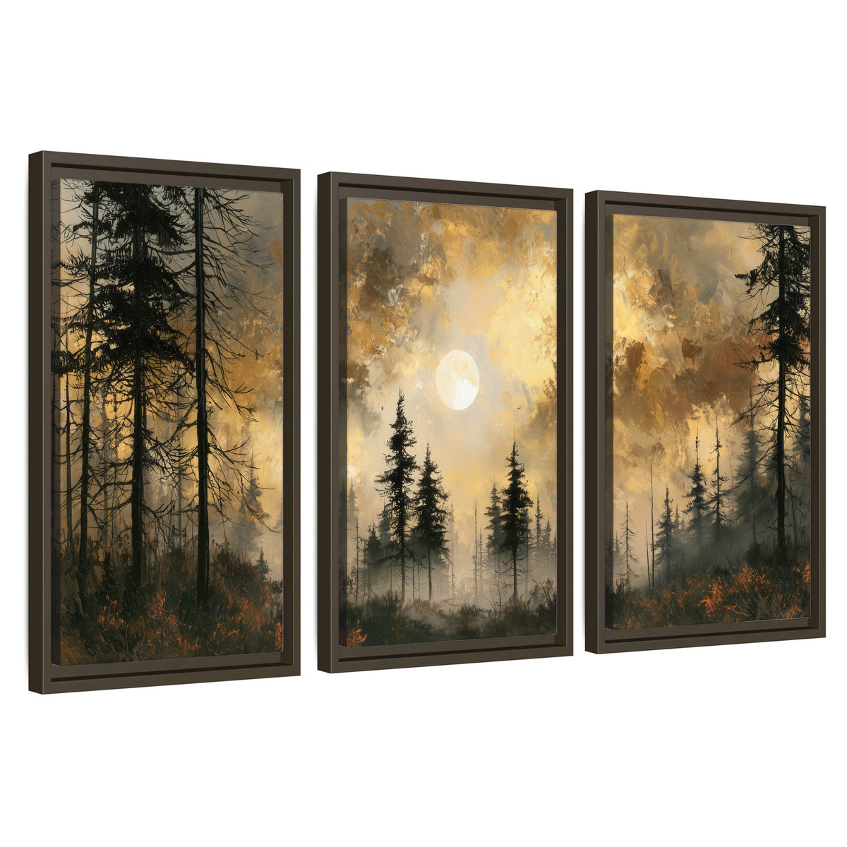Moonlit pine forest painting 3 piece framed canvas wall art set on a white background