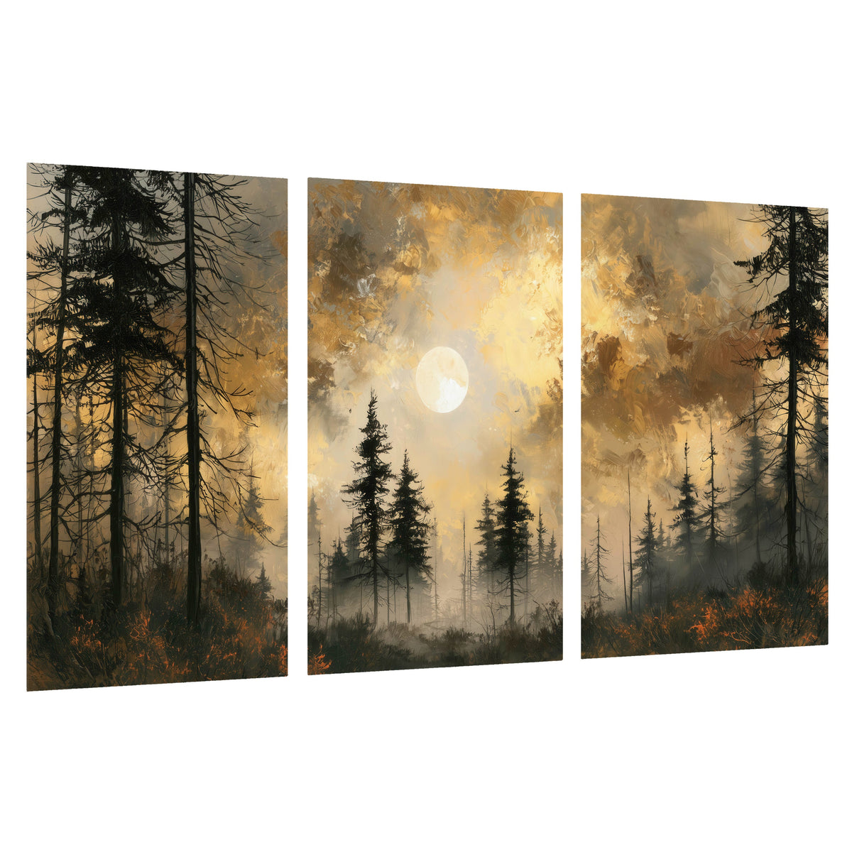 Moonlit pine forest painting set of 3 poster prints on a white background