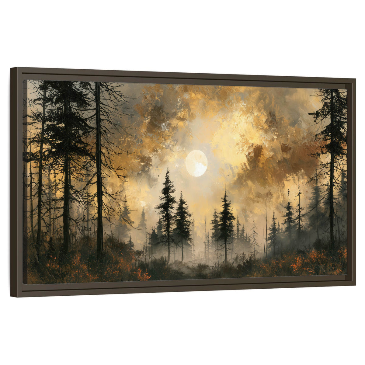 Moonlit pine forest painting framed canvas wall art on a white background