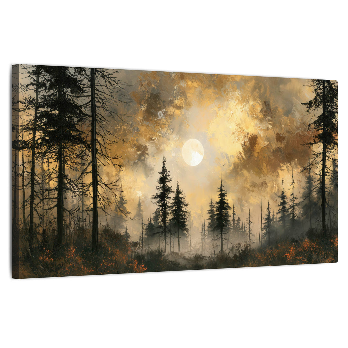 Moonlit pine forest painting stretched canvas wall art on a white background