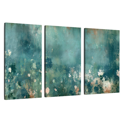 Teal abstract garden painting 3 piece canvas wall art set on a white background