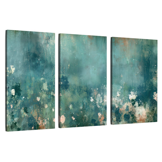 Teal abstract garden painting 3 piece canvas wall art set on a white background