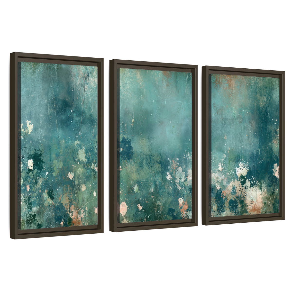Teal abstract garden painting 3 piece framed canvas wall art set on a white background