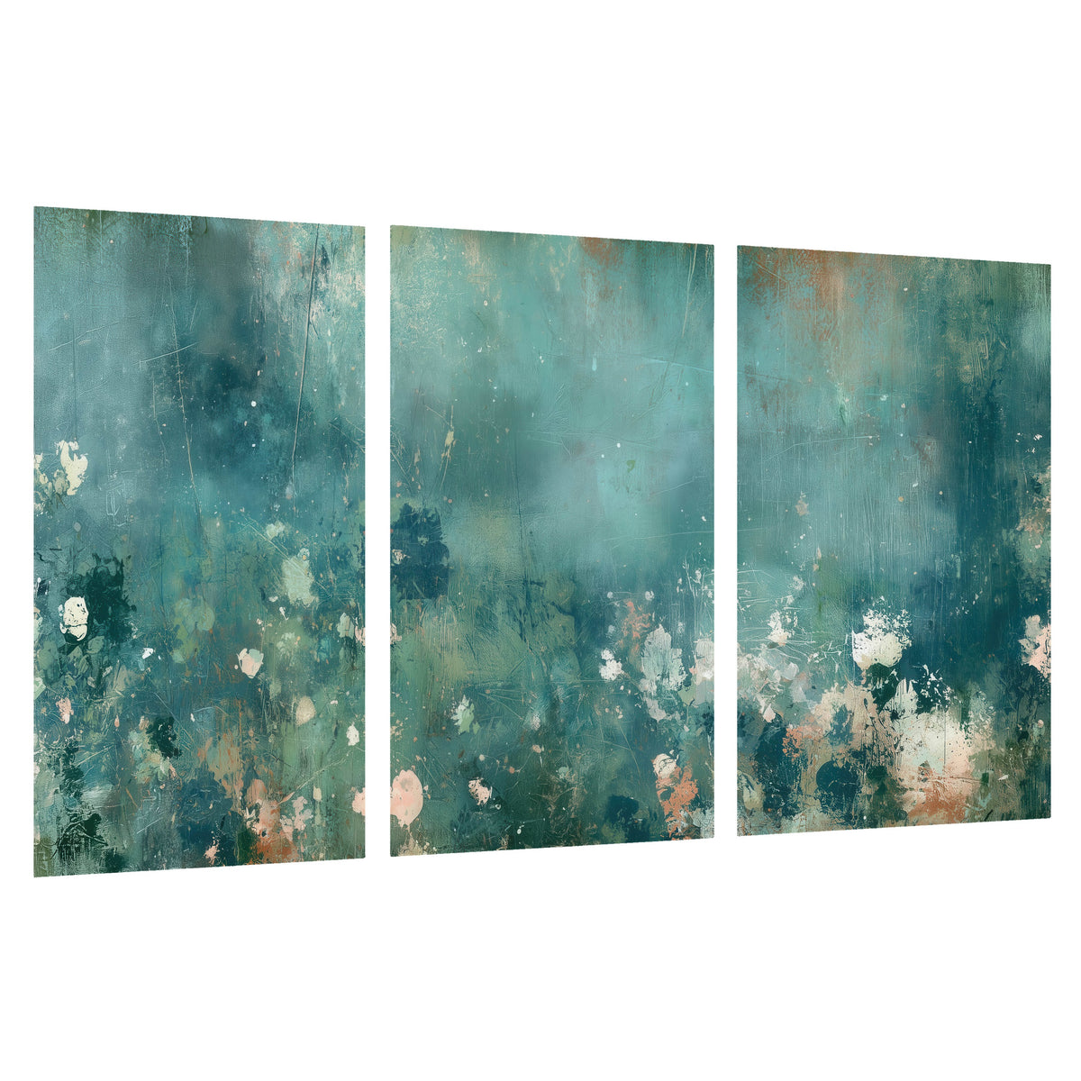Teal abstract garden painting set of 3 poster prints on a white background