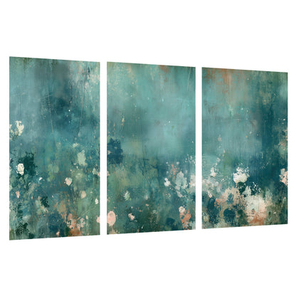 Teal abstract garden painting set of 3 poster prints on a white background
