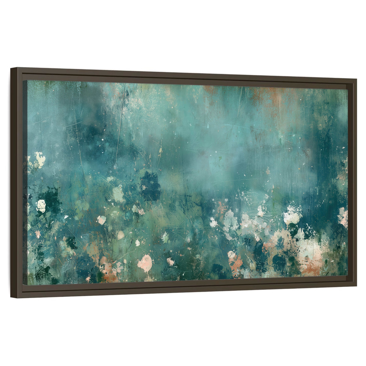 Teal abstract garden painting framed canvas wall art on a white background