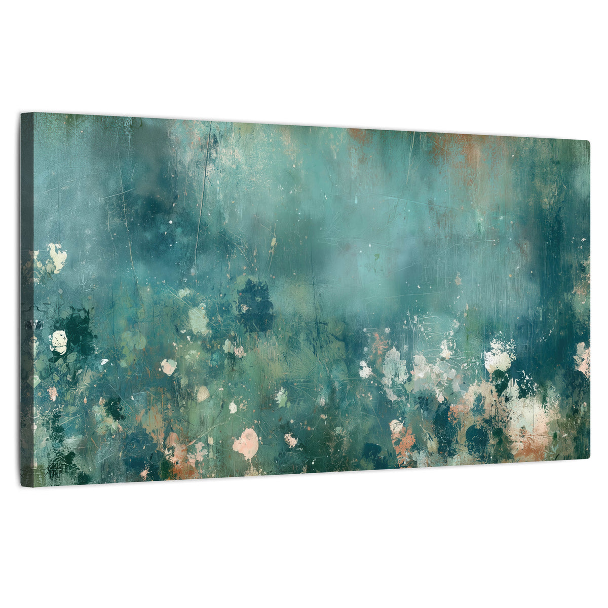 Teal abstract garden painting stretched canvas wall art on a white background
