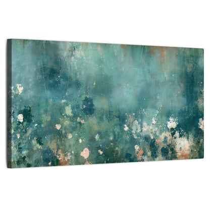 Teal abstract garden painting stretched canvas wall art on a white background