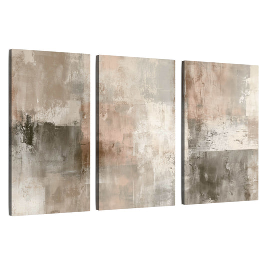 Blush and taupe abstract painting 3 piece canvas wall art set on a white background