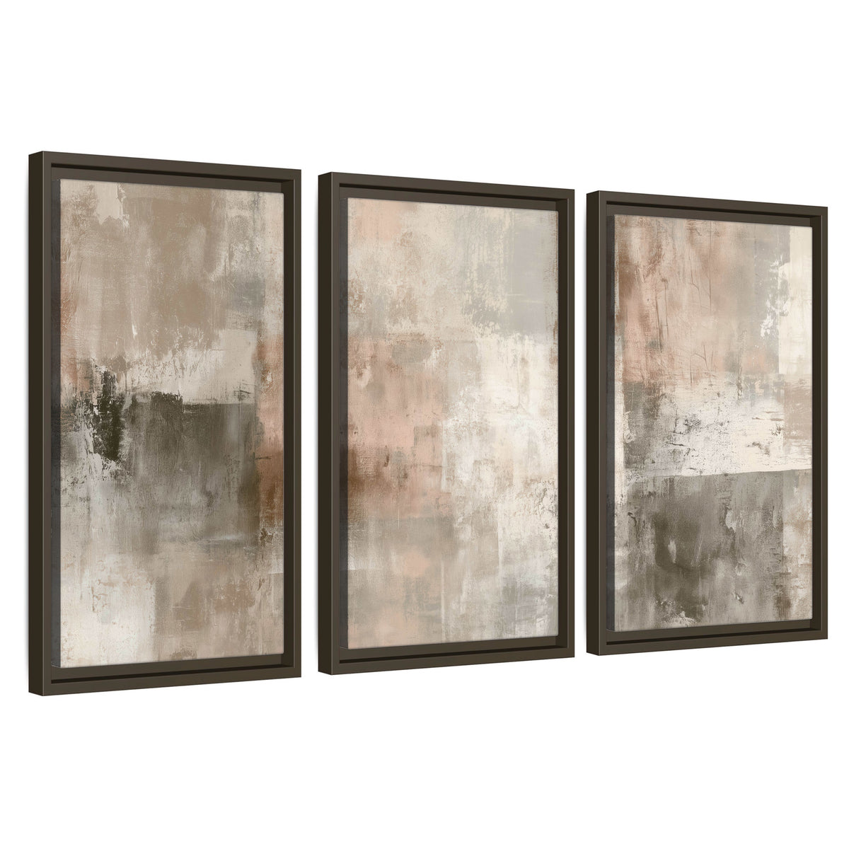 Blush and taupe abstract painting 3 piece framed canvas wall art set on a white background
