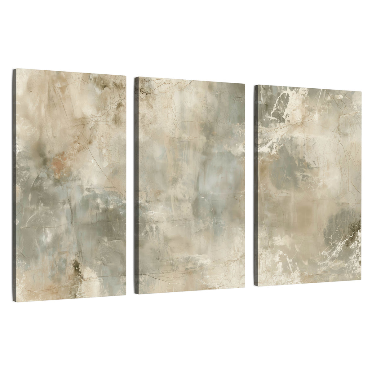 Neutral marble abstract painting 3 piece canvas wall art set on a white background