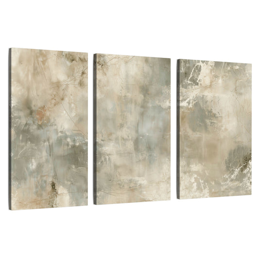 Neutral marble abstract painting 3 piece canvas wall art set on a white background