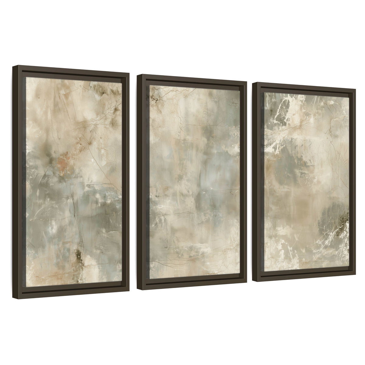 Neutral marble abstract painting 3 piece framed canvas wall art set on a white background