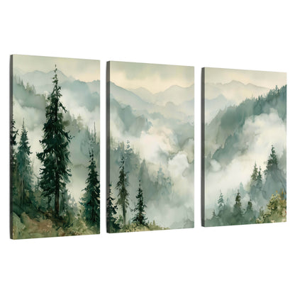 Watercolor misty mountain forest painting 3 piece canvas wall art set on a white background