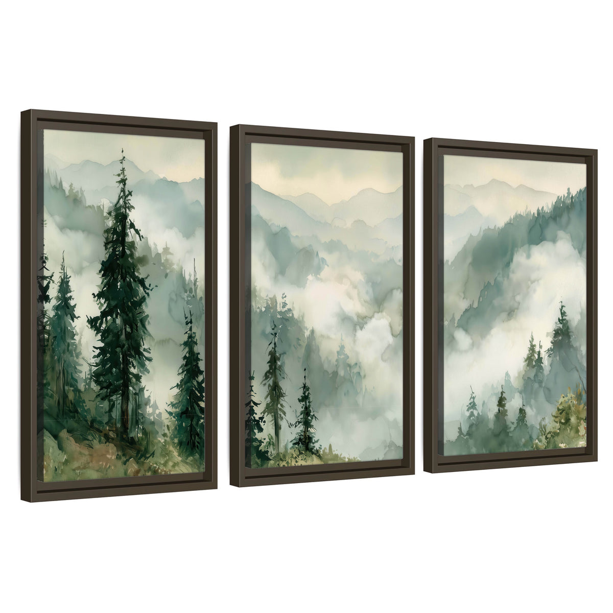 Watercolor misty mountain forest painting 3 piece framed canvas wall art set on a white background