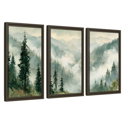 Watercolor misty mountain forest painting 3 piece framed canvas wall art set on a white background