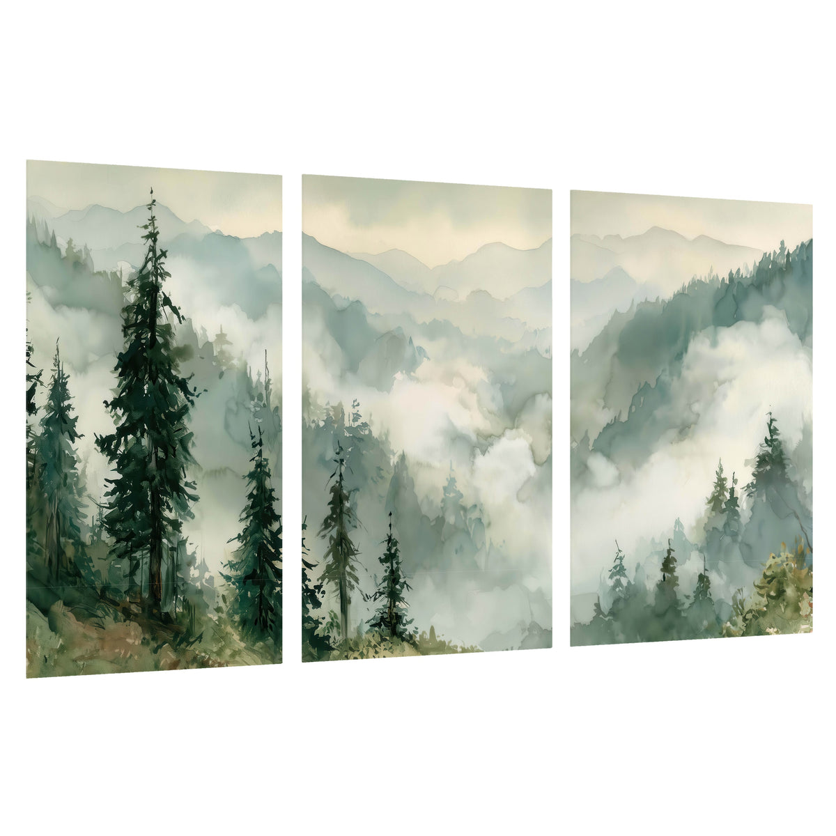 Watercolor misty mountain forest painting set of 3 poster prints on a white background